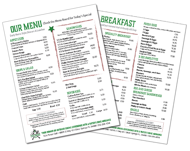 Ed's Forest Grill in Silver Springs menu